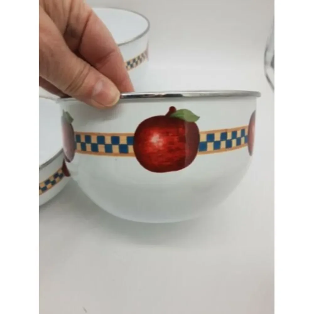 Set of 3 Retro Enamel Metal Nesting Bowls - Fruit Apples Checkered 🍎🍏